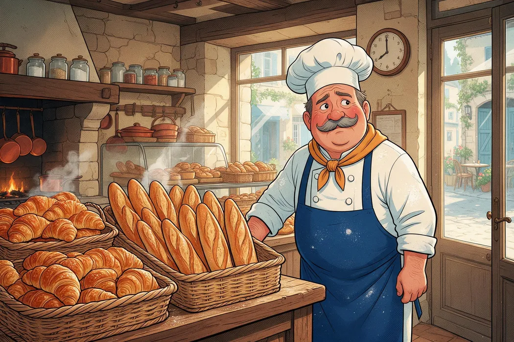 Marcel, le boulanger, seul dans sa boutique remplie de croissants et de baguettes, regarde la porte d’un air triste.