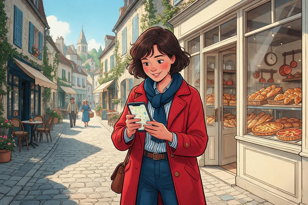Une passante en manteau rouge et écharpe bleue sourit en consultant une carte sur son téléphone, dans une rue pavée bordée de commerces, devant une autre boulangerie.