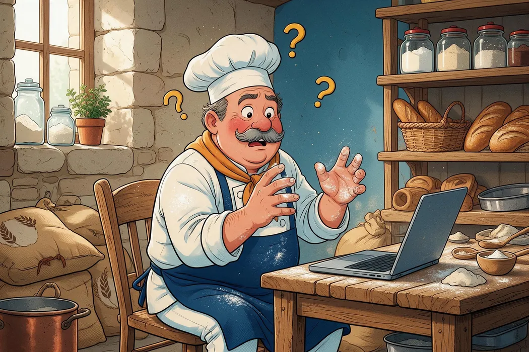 Marcel, les mains pleines de farine, lève les bras, perdu devant un ordinateur portable, entouré de points d’interrogation.