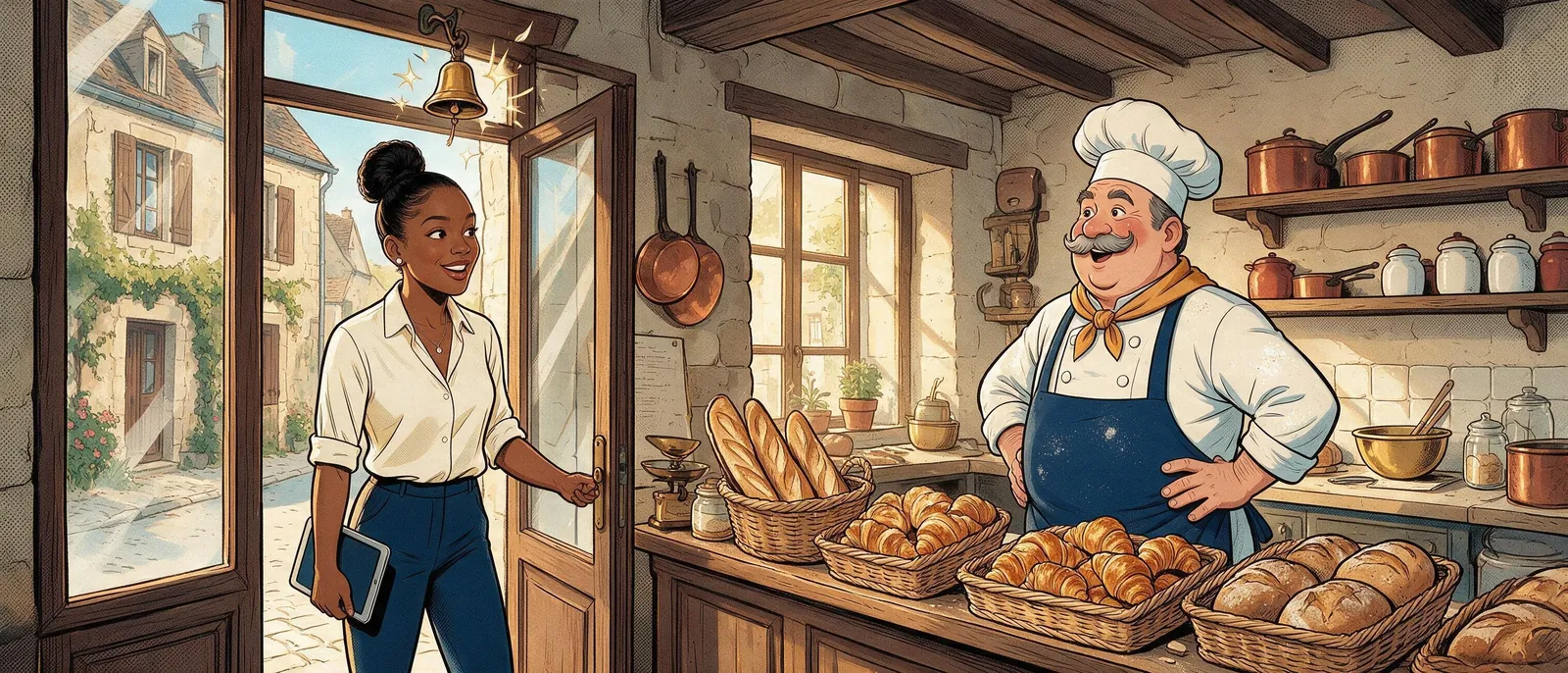 Ludmila pousse la porte de la boulangerie, tablette sous le bras, et la clochette sonne. Derrière son comptoir, Marcel l’accueille avec un grand sourire.