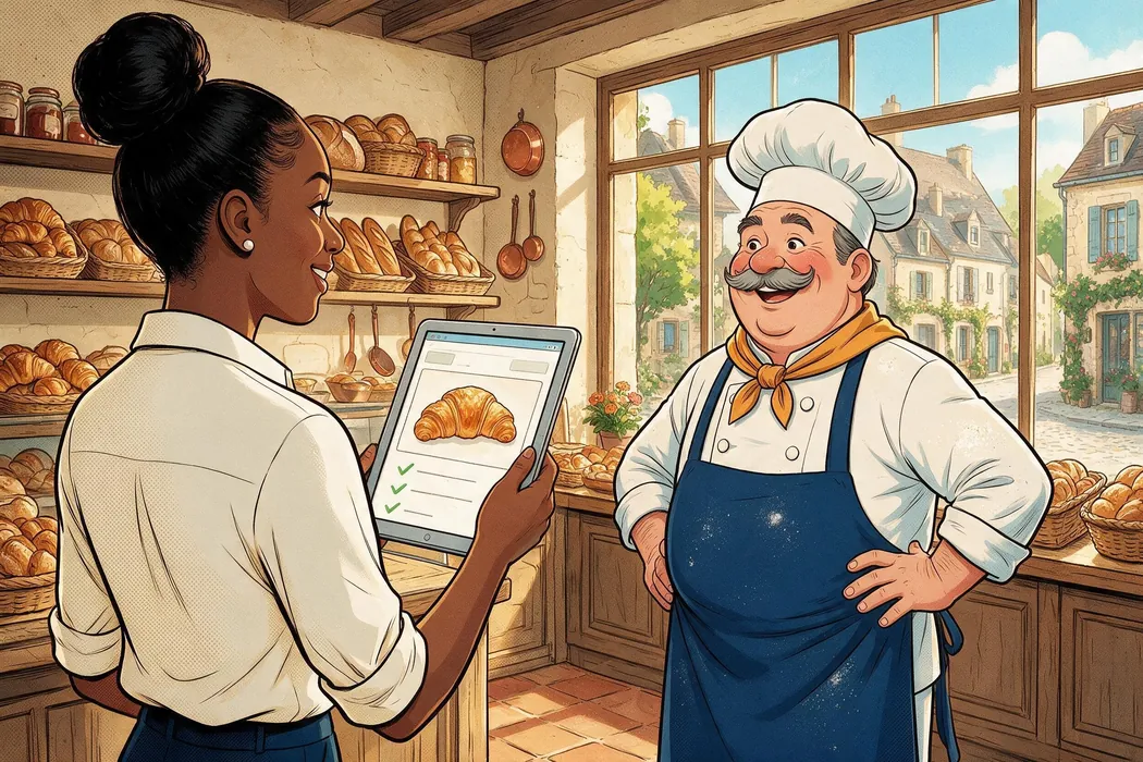 Dans la boulangerie, Ludmila montre à Marcel le nouveau site de sa boutique sur sa tablette. Marcel, les mains sur les hanches, est émerveillé.