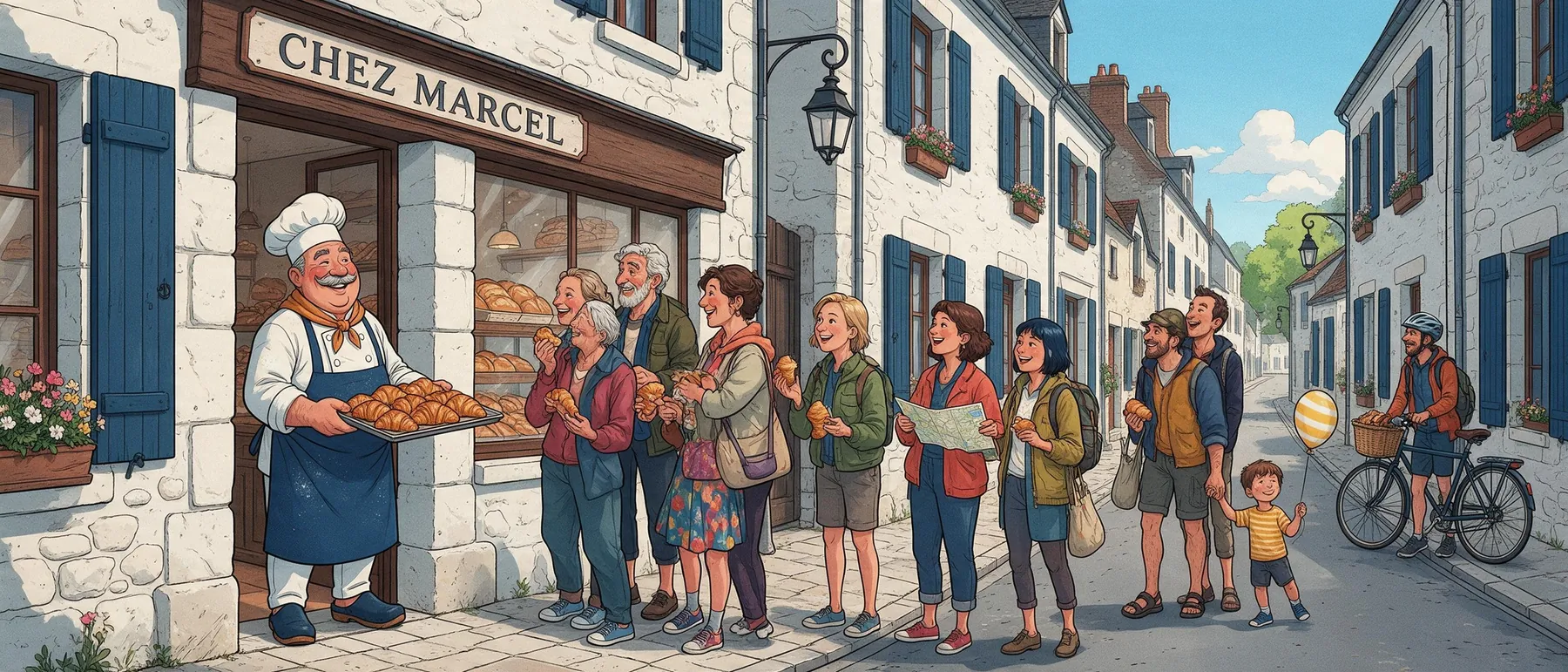 Une file joyeuse de clients, touristes, famille et cycliste, attend devant la boulangerie Chez Marcel. Marcel sert des croissants sur le pas de sa porte.