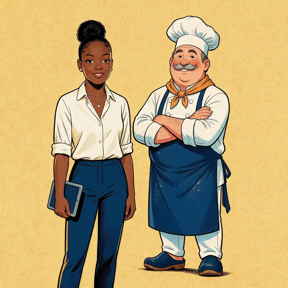 Ludmila, tablette à la main, et Marcel le boulanger, bras croisés, côte à côte sur fond jaune.
